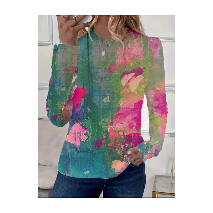 Women Abstract Long Sleeve Tee T-shirt Crew Neck Casual Spring/Fall Graphic Tee Top