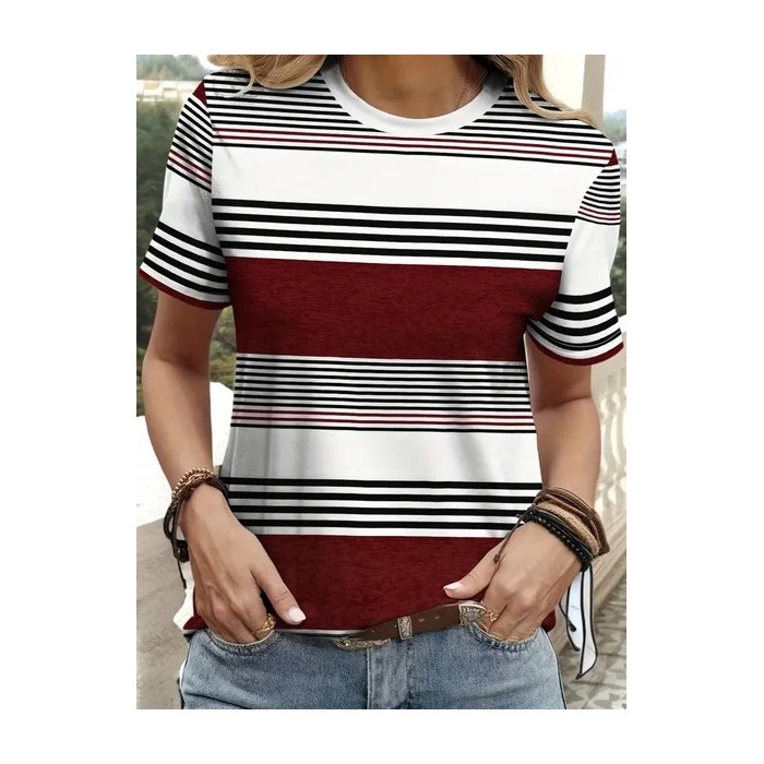 Women Striped Short Sleeve Tee T-shirt Crew Neck Printing Casual Summer Graphic Tee Top