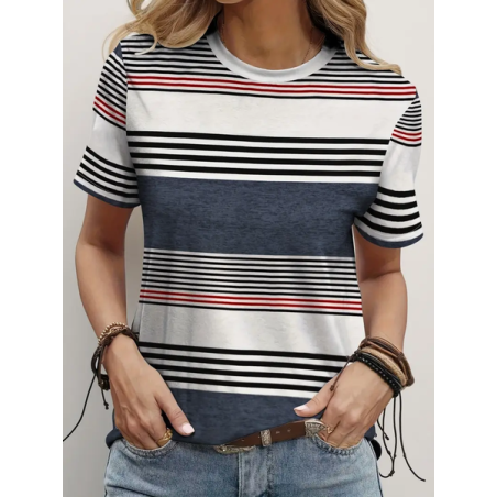 Women Striped Short Sleeve Tee T-shirt Crew Neck Printing Casual Summer Graphic Tee Top
