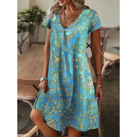 Women Floral Short Sleeve Summer Printing Dress V Neck Daily Casual Knee Length T-Shirt Dress H-Line Dress