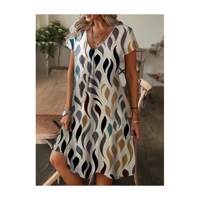 Women Abstract Short Sleeve Summer Printing Dress V Neck Daily Casual Knee Length T-Shirt Dress H-Line Dress