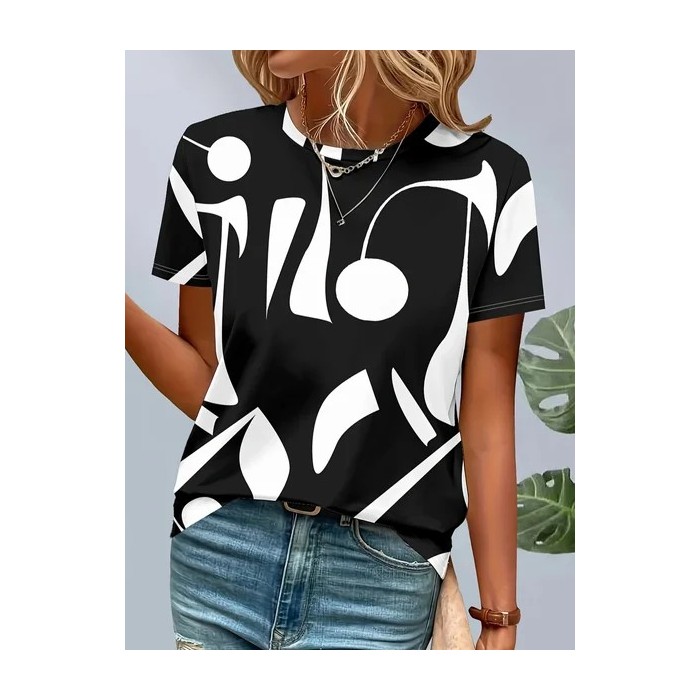 Women Abstract Short Sleeve Tee T-shirt Crew Neck Printing Casual Summer Graphic Tee Top