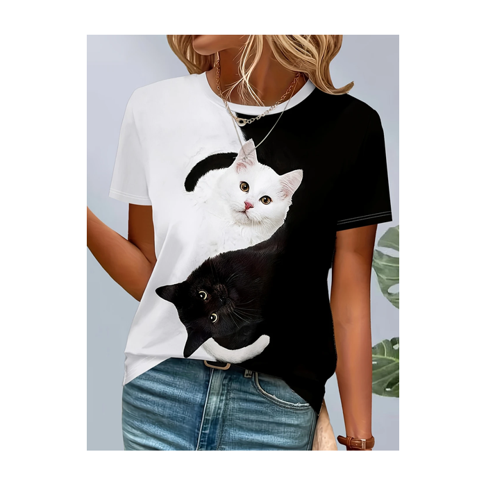 Women Cat Short Sleeve Tee T-shirt Crew Neck Printing Casual Summer Graphic Tee Top