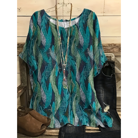 Women Feather Short Sleeve Tee T-shirt Crew Neck Printing Casual Summer Graphic Tee Top