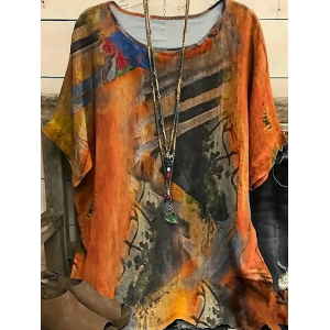 Women Abstract Short Sleeve Tee T-shirt Crew Neck Printing Casual Summer Graphic Tee Top