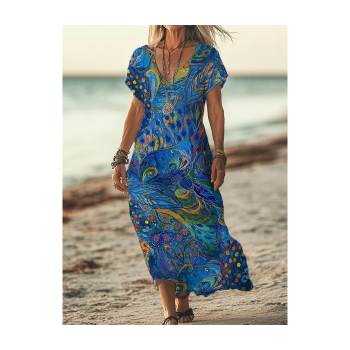 Women Abstract Short Sleeve Summer Printing Dress V Neck Daily Casual Maxi X-Line Dress