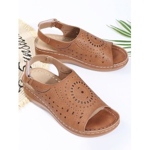 JFN Ethnic Pattern Punched Hollow Velcro Vintage Sandals