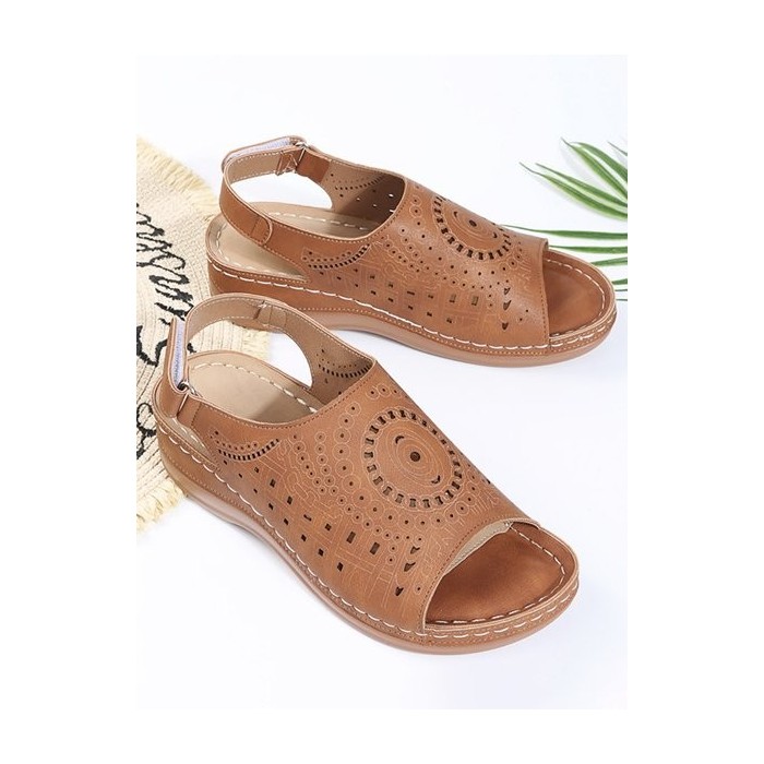 JFN Ethnic Pattern Punched Hollow Velcro Vintage Sandals