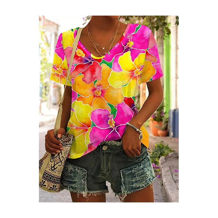 Women Floral Short Sleeve Tee T-shirt V Neck Casual Summer Top