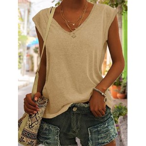 Women Cap Sleeve Tank Top Camisole Summer Plain V Neck Daily Casual Top
