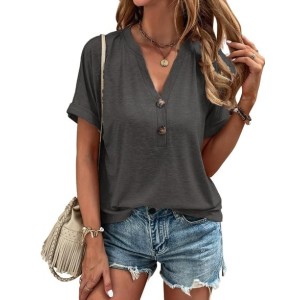 Women Plain Short Sleeve Tee T-shirt V Neck Casual Summer Top