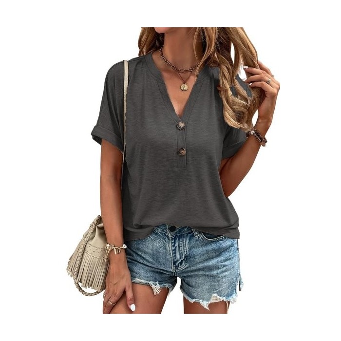 Women Plain Short Sleeve Tee T-shirt V Neck Casual Summer Top