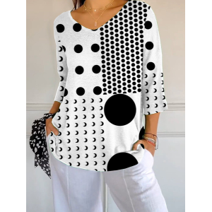 Women Polka Dots Three Quarter Sleeve Tee T-shirt V Neck Printing Casual Spring/Fall Graphic Tee Top