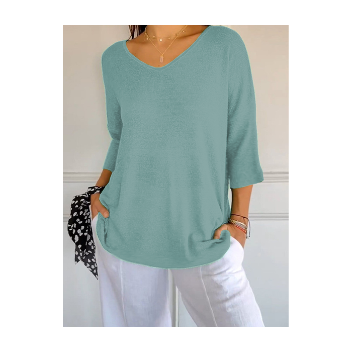 Women Plain Three Quarter Sleeve Tee T-shirt V Neck Printing Casual Spring/Fall Top