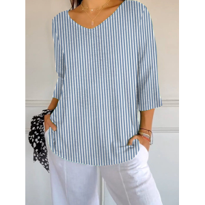 Women Striped Three Quarter Sleeve Tee T-shirt V Neck Printing Casual Spring/Fall Graphic Tee Top