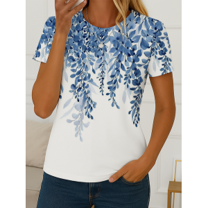 Women Floral Short Sleeve Tee T-shirt Crew Neck Printing Casual Summer Graphic Tee Top