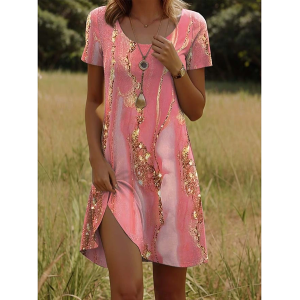 Women Abstract Short Sleeve Summer Printing Dress Crew Neck Daily Casual Mini Tunic H-Line Dress