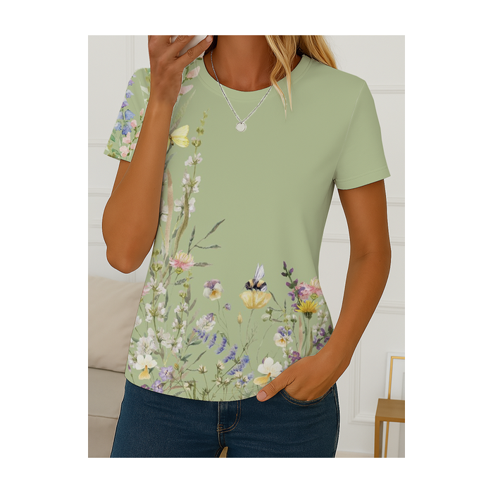 Women Floral Short Sleeve Tee T-shirt Crew Neck Printing Casual Summer Graphic Tee Top