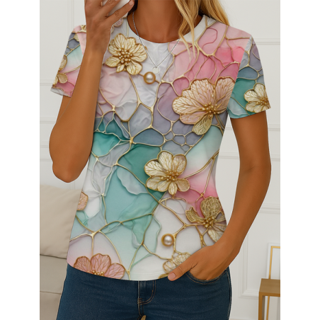 Women Floral Short Sleeve Tee T-shirt Crew Neck Printing Casual Summer Graphic Tee Top