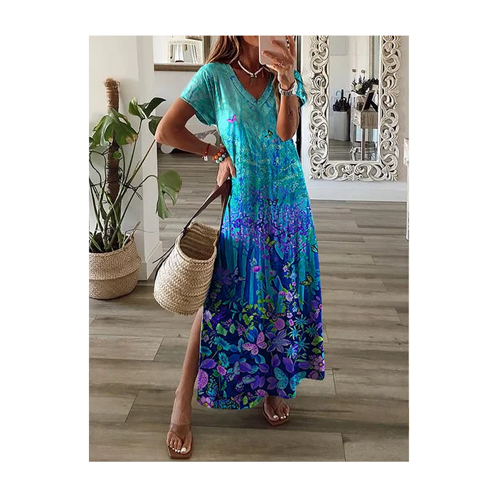 Women Floral Short Sleeve Summer Printing Dress V Neck Daily Casual Maxi X-Line Dress