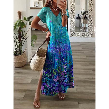 Women Floral Short Sleeve Summer Printing Dress V Neck Daily Casual Maxi X-Line Dress