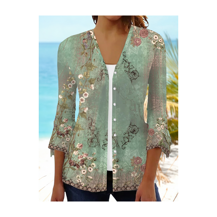 Women Floral Spring/Fall Cover-up Casual Printing Lightweight Cardigan