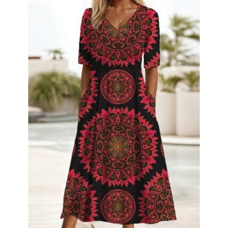 Women's Short Sleeve Summer Ethnic Dress V Neck Daily Going Out Casual Maxi A-Line