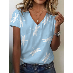Women Dragonfly Short Sleeve Tee T-shirt V Neck Printing Casual Summer Graphic Tee Top