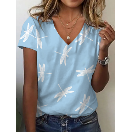 Women Dragonfly Short Sleeve Tee T-shirt V Neck Printing Casual Summer Graphic Tee Top