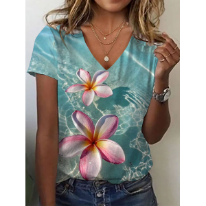 Women Floral Short Sleeve Tee T-shirt V Neck Printing Casual Summer Graphic Tee Top
