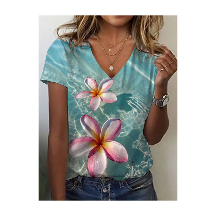 Women Floral Short Sleeve Tee T-shirt V Neck Printing Casual Summer Graphic Tee Top