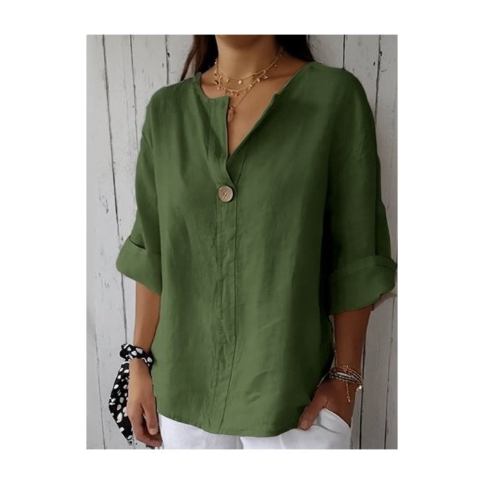Women's Three Quarter Sleeve Blouse Spring/Fall Plain Buttoned Cotton V Neck Daily Going Out Casual Top