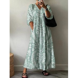 Women Floral Half Sleeve Summer Printing Dress V Neck Daily Casual Maxi A-Line Dress