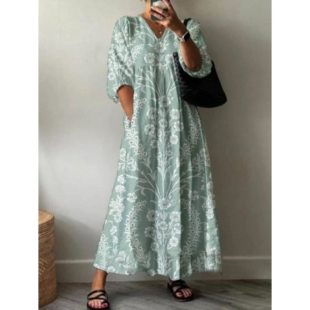 Women Floral Half Sleeve Summer Printing Dress V Neck Daily Casual Maxi A-Line Dress