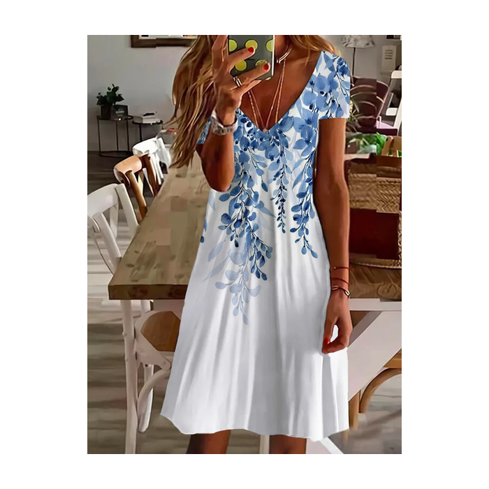 Women Floral Short Sleeve Summer Printing Dress V Neck Daily Casual Midi Fit & Flare Dress A-Line Dress