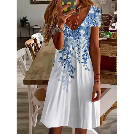 Women Floral Short Sleeve Summer Printing Dress V Neck Daily Casual Midi Fit & Flare Dress A-Line Dress