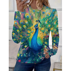 Women Peacock Long Sleeve Tee T-shirt Crew Neck Printing Casual Spring/Fall Graphic Tee Top