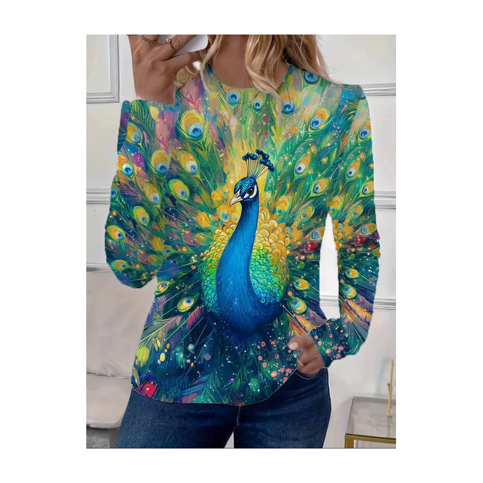 Women Peacock Long Sleeve Tee T-shirt Crew Neck Printing Casual Spring/Fall Graphic Tee Top