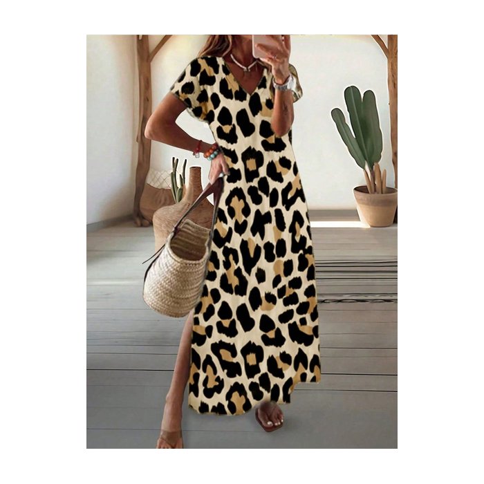 Women Leopard Short Sleeve Summer Printing Dress V Neck Daily Casual Maxi T-Shirt Dress X-Line Dress