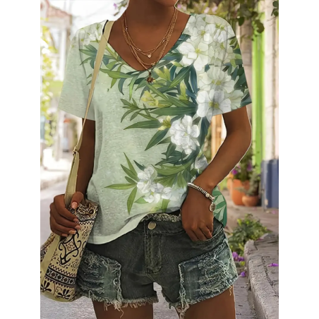 Women Floral Short Sleeve Tee T-shirt V Neck Printing Casual Summer Graphic Tee Top