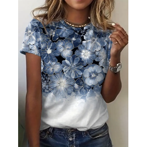 Women Floral Short Sleeve Tee T-shirt Crew Neck Printing Casual Summer Graphic Tee Top