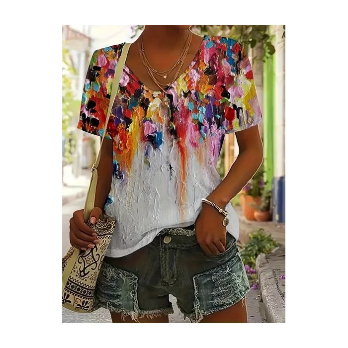 Women Colorblock Short Sleeve Tee T-shirt V Neck Printing Casual Summer Graphic Tee Top