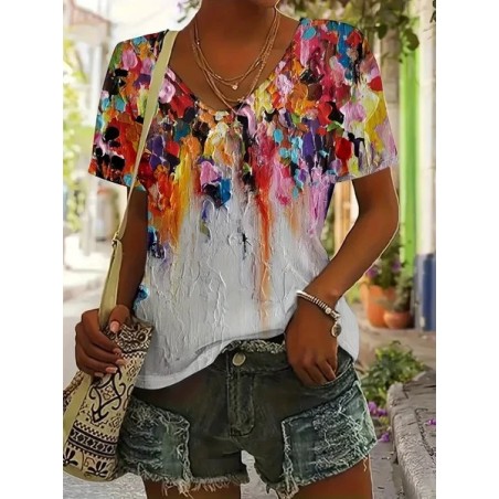 Women Colorblock Short Sleeve Tee T-shirt V Neck Printing Casual Summer Graphic Tee Top