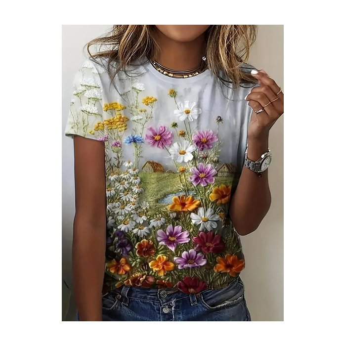 Women Floral Short Sleeve Tee T-shirt Crew Neck Printing Casual Summer Graphic Tee Top
