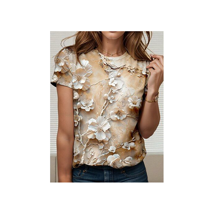 Women Floral Short Sleeve Tee T-shirt Crew Neck Printing Casual Summer Graphic Tee Top