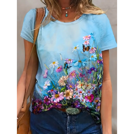 Women Floral Short Sleeve Tee T-shirt Crew Neck Printing Casual Summer Graphic Tee Top
