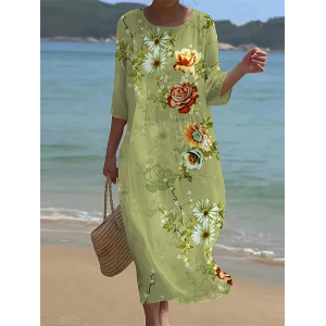 Women Floral Half Sleeve Summer Printing Dress Crew Neck Daily Casual Maxi H-Line Dress