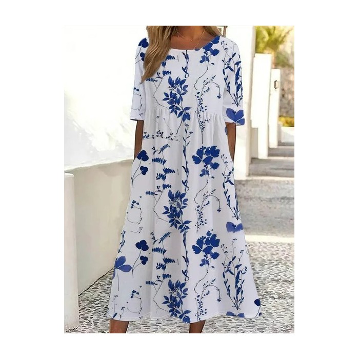 Women Floral Short Sleeve Summer Printing Dress Crew Neck Daily Casual Maxi Shift Dress H-Line Dress
