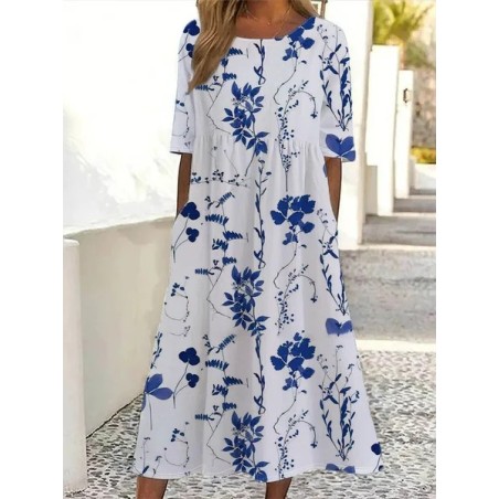 Women Floral Short Sleeve Summer Printing Dress Crew Neck Daily Casual Maxi Shift Dress H-Line Dress