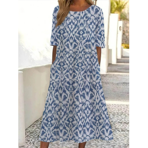 Women Floral Short Sleeve Summer Printing Dress Crew Neck Daily Casual Maxi Shift Dress H-Line Dress